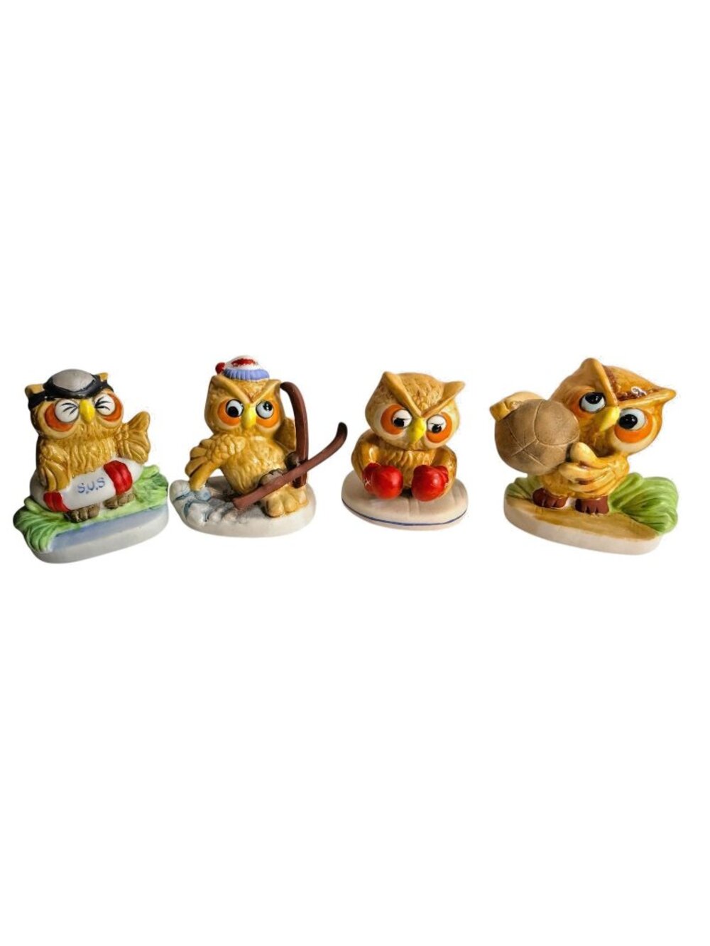 4 Enesco Sports Owl Figurines‎ Vintage Taiwan Boxing Skiing Lifeguard Basketball